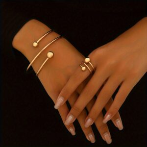 14K Gold Plated Minimalist Bangle And Ring Set